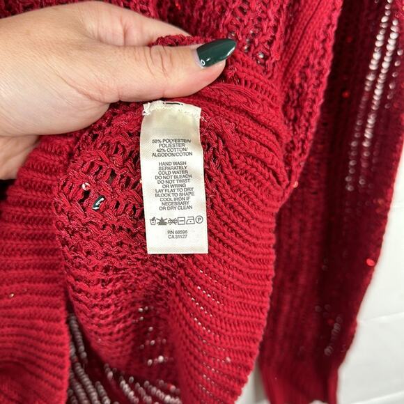 DKNY Ruby Red Sequin Knit Pullover V Neck Sweater Sweatshirt Top Size Small - Picture 10 of 10